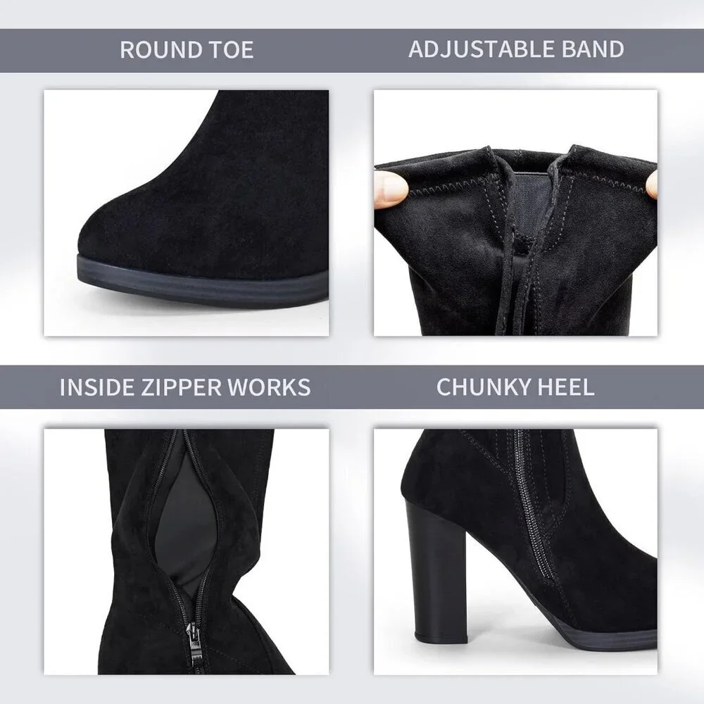 Women's Black-imitation Grain Suede Thigh High Over The Knee Rounded Toe Boot